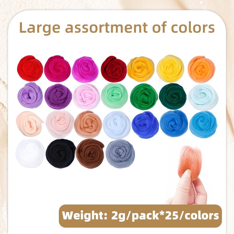 Flylin Needle Felting Wool, 10 Colors Wool Roving Yarn for Beginners and Wet Felting, 2g/Colour Fibre Wool Roving for DIY Craft/Spinning/Wall Hangings/Tapestry (25 Colors) - Image 2